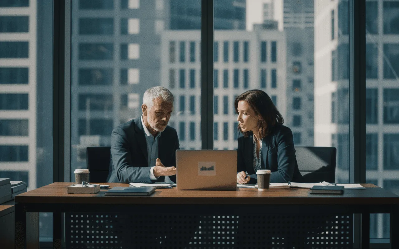 Chris Hylton, founder of CG Hylton Inc., in his Calgary office reviewing documents with a colleague