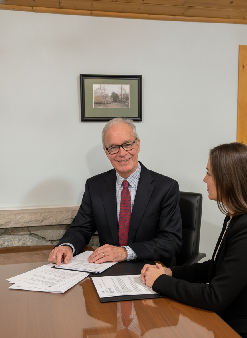 A Hylton consultant reviewing a benefits plan with a client across a table in a Calgary office