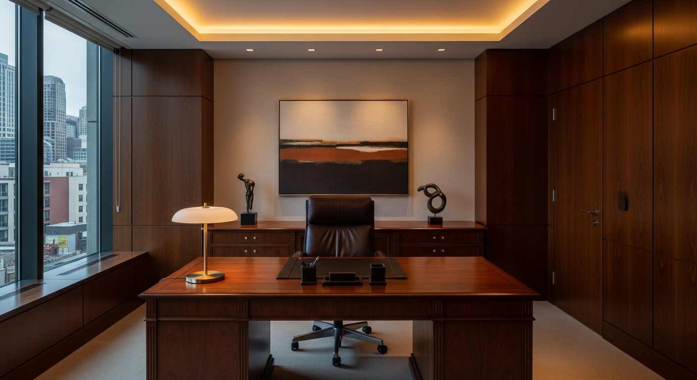 Elegant private executive office interior, editorial black and white photography