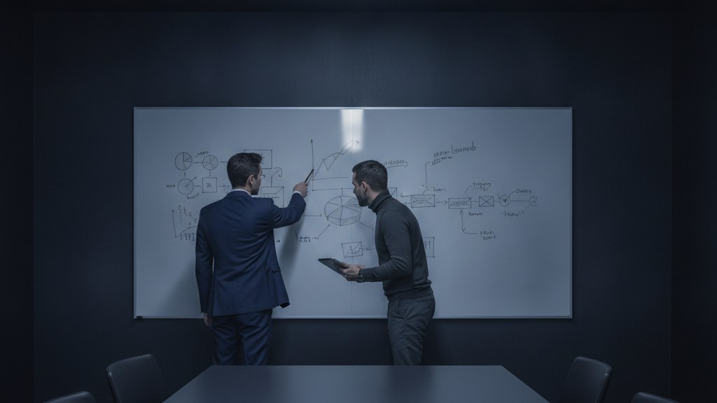 Small team collaborating around a whiteboard in a boardroom