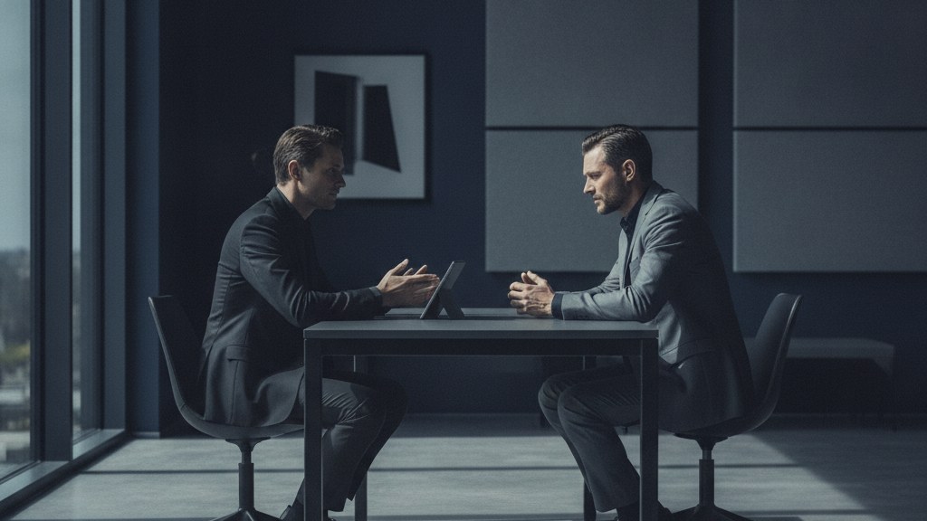 Two colleagues in conversation at a calm Calgary office