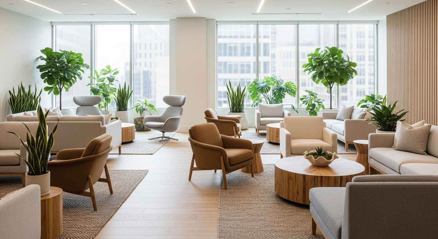 Two employees in a quiet meeting room having a supported wellness check-in conversation